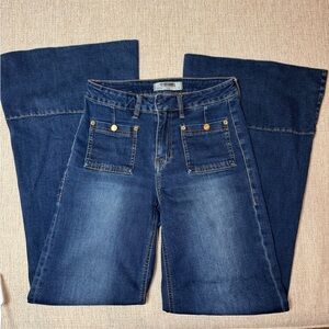 Rock and Roll Denim High Rise Wide Leg Flare Jeans, Dark Blue 27x36 (LONG)